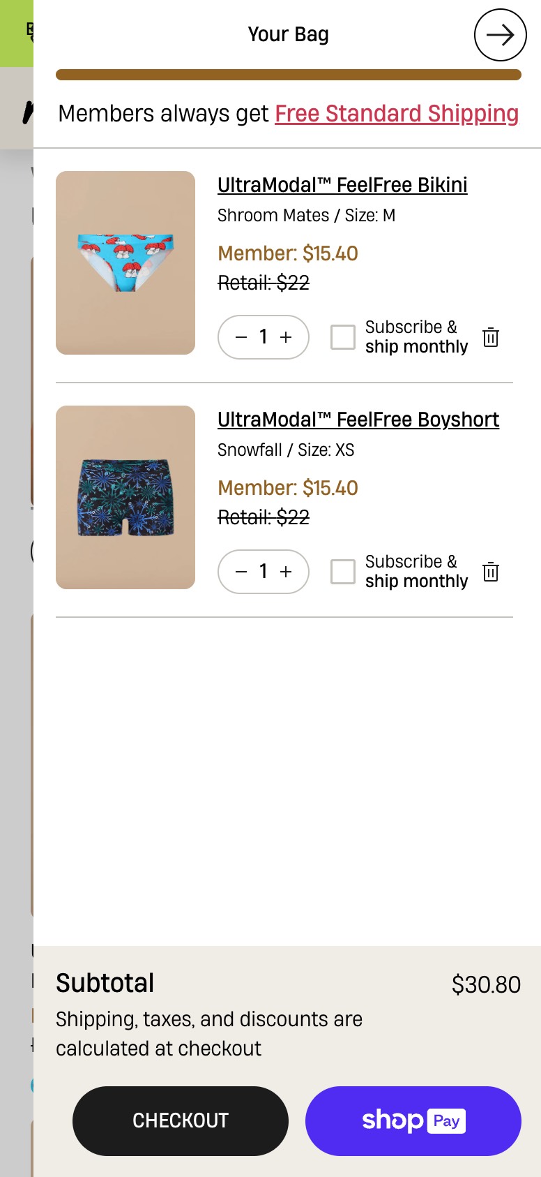 Mobile image of MeUndies' shopping cart